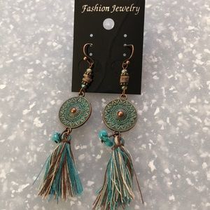 Boho fringe copper, turquoise and brown earrings